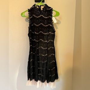 Beige with black lace, high neck sleeveless homecoming, wedding or prom dress.